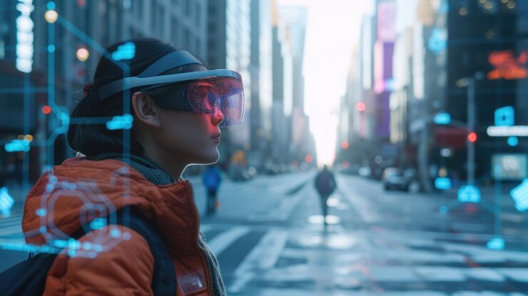 Foto persona cualificada que usa auriculares vr mientras configura y codifica el programa aig