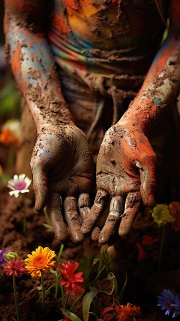 Foto una persona cubierta de barro con flores en el fondo