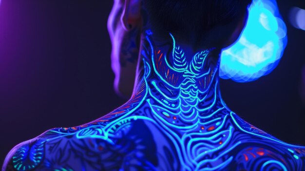 Foto una persona cubierta en la espalda con tatuajes bioluminescentes brillantes que les proporcionan sentidos acentuados y