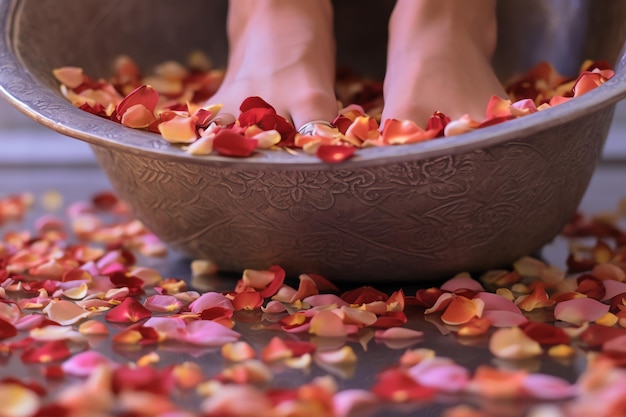 Una persona en un cuenco de flores con los pies en el agua.