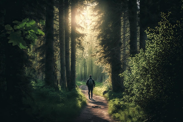 Una persona dando un paseo por un hermoso bosque de color verde oscuro Generado por IA