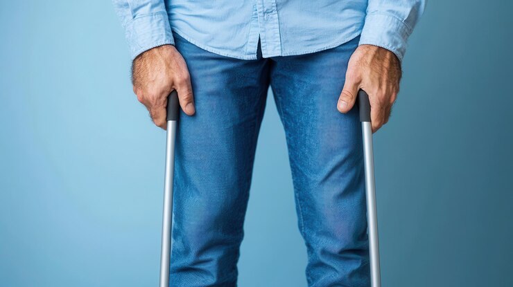 Persona decidida con muletas estremecida por el dolor durante la rehabilitación