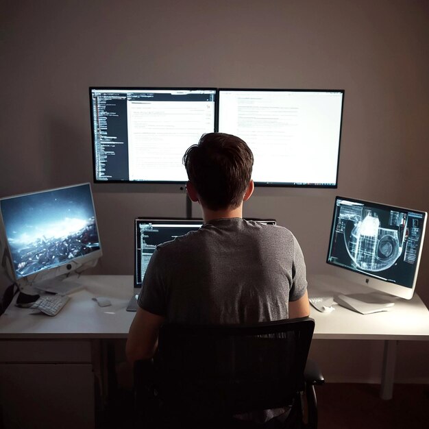 Una persona delante de la computadora trabajando en html