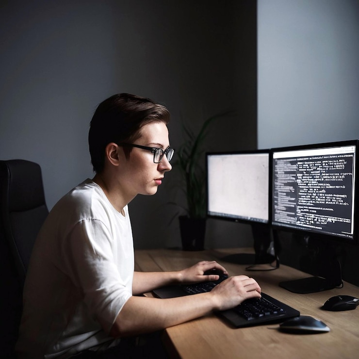 Foto una persona delante de la computadora trabajando en html