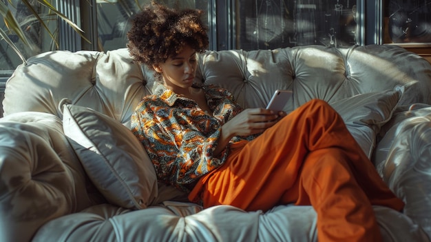 Una persona descansando en un sofá de peluche desplazándose a través de un teléfono inteligente