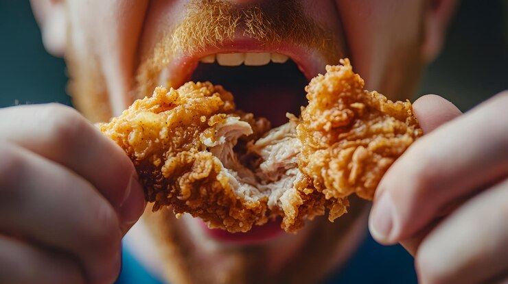 Una persona desgarrando un pedazo de pollo frito con sus dientes la piel se rompe audiblemente