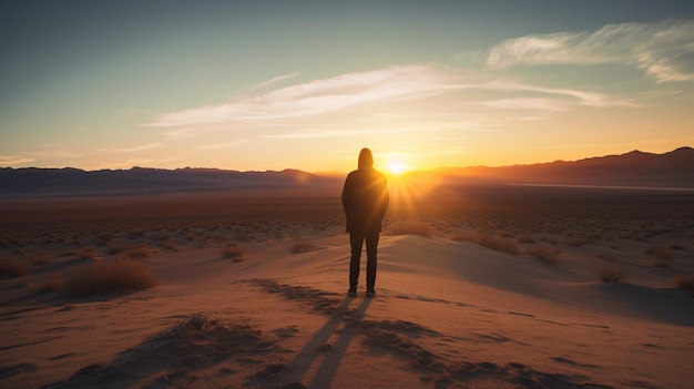 Una persona se para en el desierto mirando la puesta de sol.