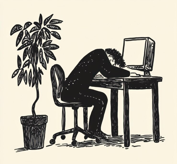 Foto una persona se desploma sobre su escritorio con la cabeza apoyada en la pantalla de la computadora y las manos colgando