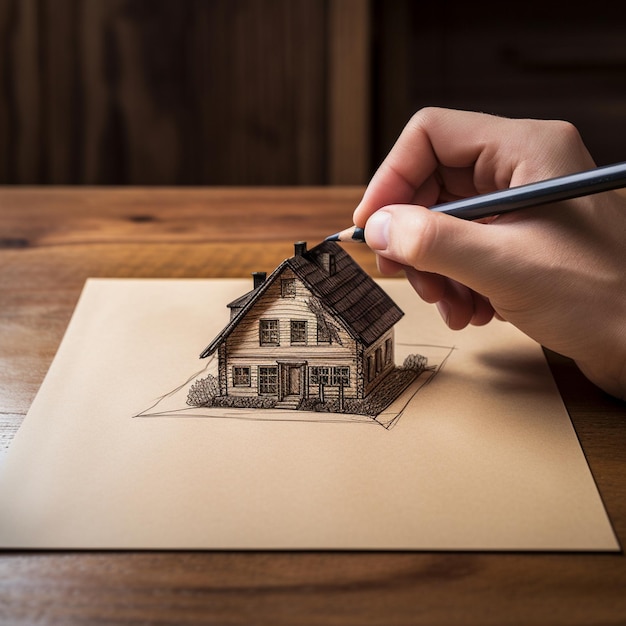Persona dibujando una casa en una hoja de papel.