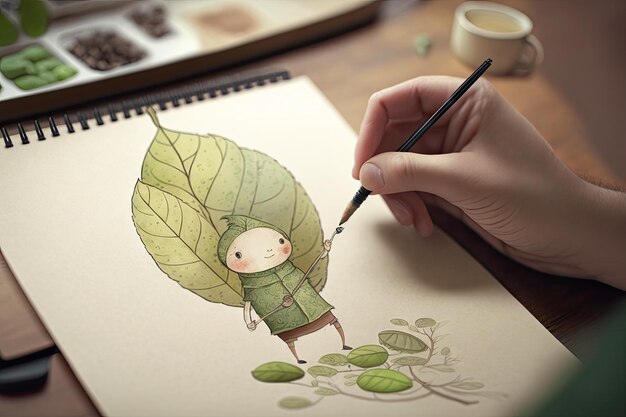 Persona dibujando un lindo personaje de dibujos animados con una hoja como inspiración