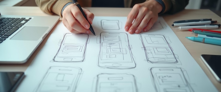 Foto persona dibujando wireframes para el diseño de aplicaciones móviles