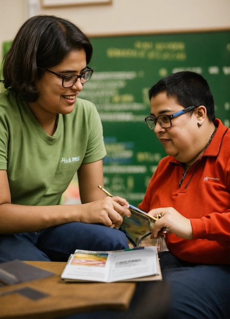 Foto una persona con discapacidad intelectual y un trabajador social