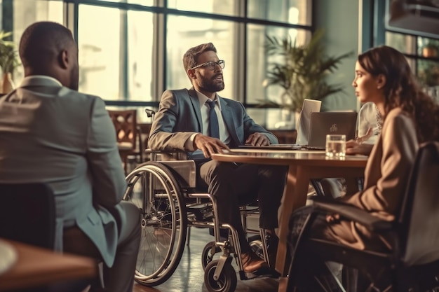 Persona con discapacidad en la oficina durante una reunión de negocios