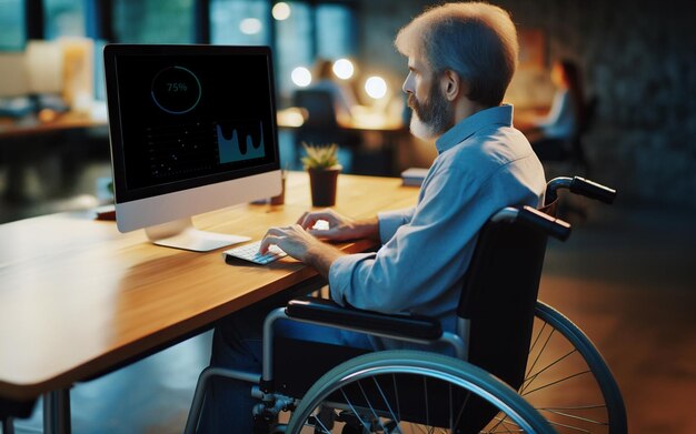 Foto persona discapacitada que utiliza una silla de ruedas para trabajar en el lugar de trabajo ideas para trabajar con personas