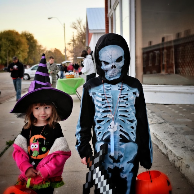 Persona en disfraz de monstruo de pie junto a una chica linda en la acera durante Halloween