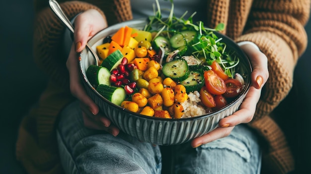 persona disfrutando de un cuenco de Buda lleno de verduras coloridas granos y proteínas magras abrazando una dieta a base de plantas para una salud óptima