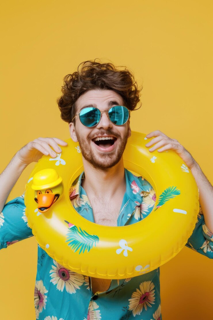 Una persona disfrutando de un día soleado sosteniendo un anillo inflable amarillo brillante para la diversión y la recreación
