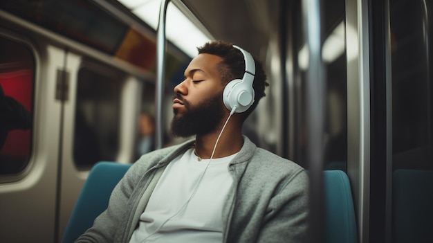 Persona disfrutando de la música mientras está sentada en el tren del metro