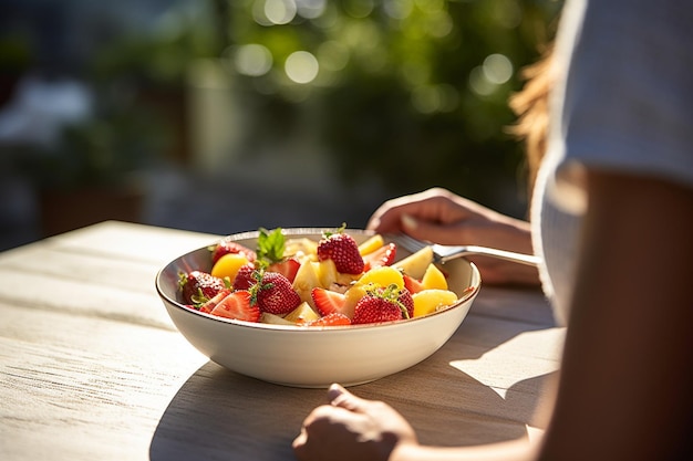 Foto una persona disfrutando de un plato de ensalada de frutas en un patio soleado