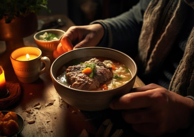 Una persona disfrutando de una sopa de rabo de toro en un ambiente acogedor.