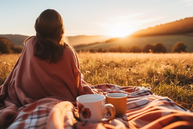 Una persona disfrutando de una taza de té mientras está sentada en una manta en un campo