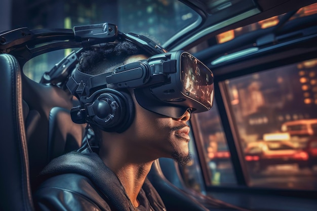 Persona disfrutando de un viaje de realidad virtual durante un paseo nocturno en un coche autónomo