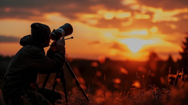 Foto una persona disparando con su cámara al atardecer