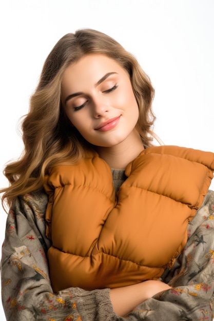 Foto persona durmiendo mientras abraza una almohadilla de calefacción luchando contra el frío del otoño aislada sobre un fondo blanco