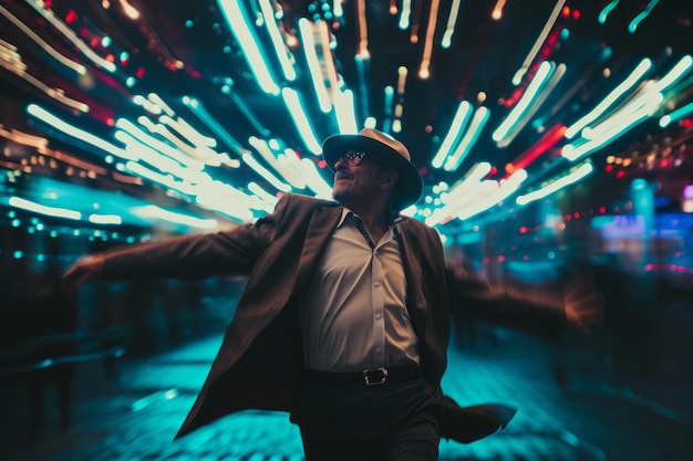 Persona elegante bailando en la ciudad por la noche con estelas de luz dinámicas en el fondo