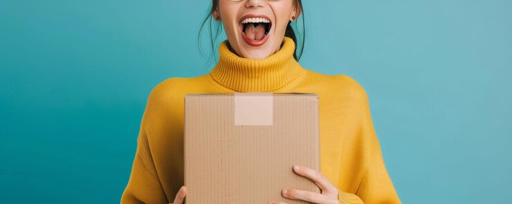 Persona emocionada desempaquetando un paquete con ofertas especiales de pegatinas del Lunes Cibernético
