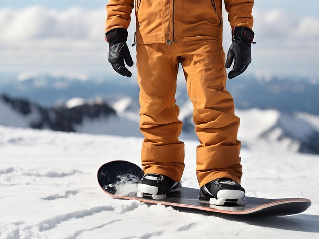 Persona emocionada en un traje de nieve de colores de pie con confianza en la tabla de nieve en el paisaje de montaña nevada