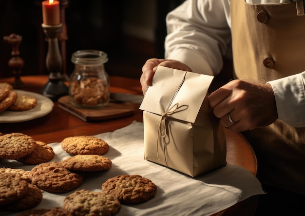 Una persona empaquetando galletas de avena caseras como regalo.