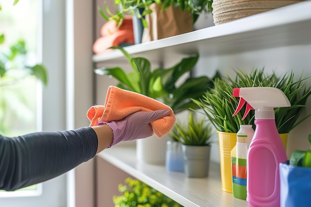 Persona empolvando un estante con plantas y suministros de limpieza