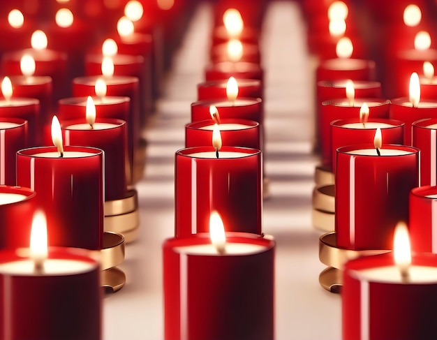 Una persona encendiendo una fila de velas rojas