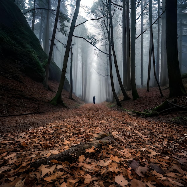 Una persona se encuentra en un bosque oscuro con un rastro que ha caído al suelo.