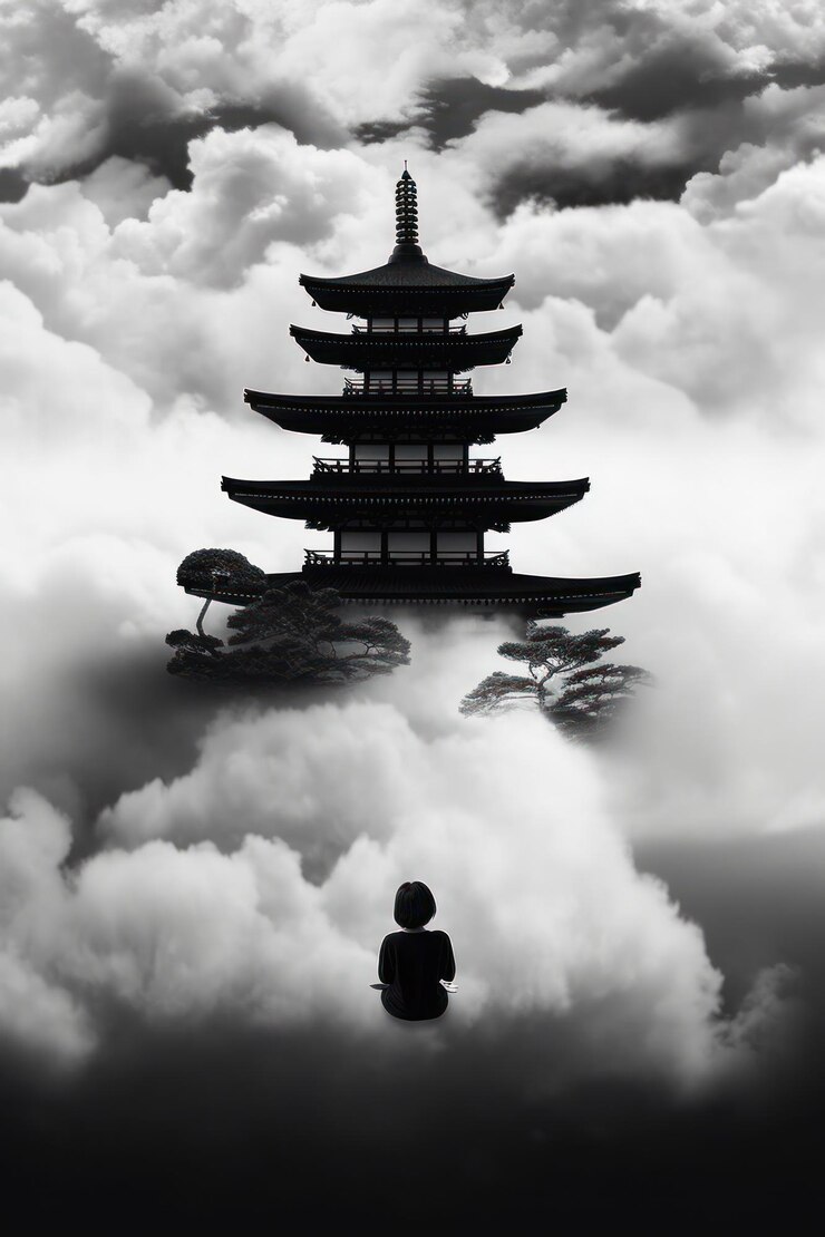 Una persona se encuentra en las nubes con una gran pagoda al fondo.