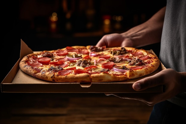 Una persona de entrega de pizza entregando una caja de pizza de carne