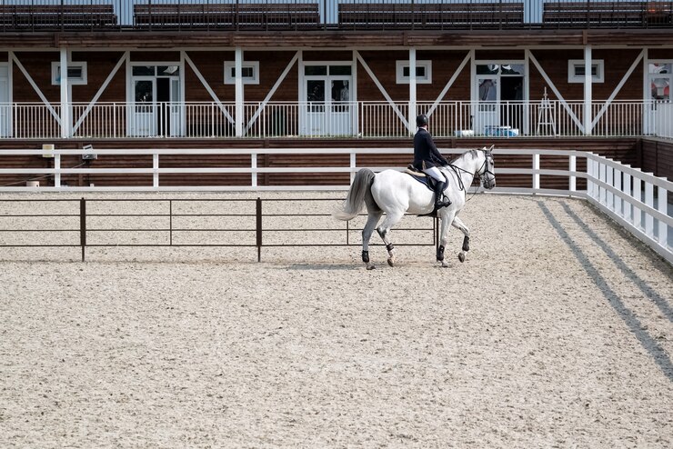 Foto persona entrena caballo blanco en arena cubierta de arena. equitación, deporte de carreras de caballos