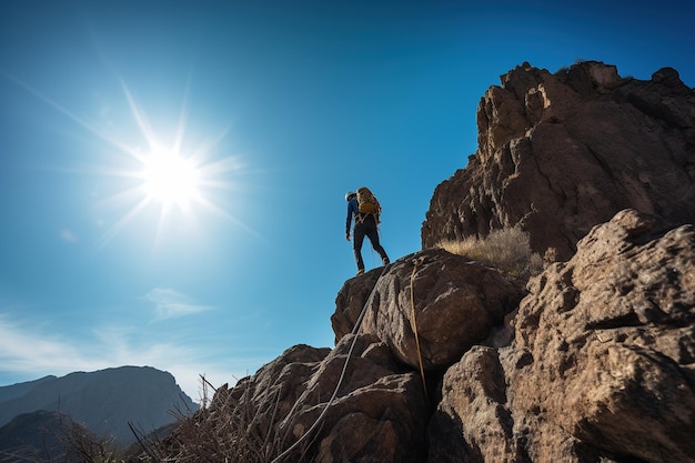 Una persona escalando un acantilado hacia la cima de una montaña. Ai generativo.