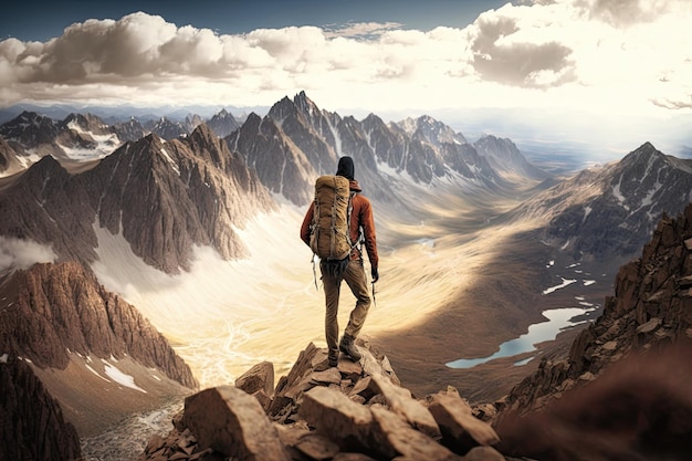 Persona escalando el pico de la montaña rocosa con vista al valle y picos distantes en el fondo