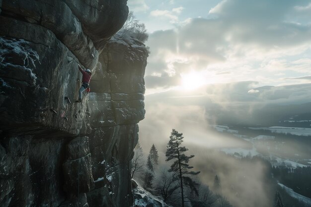 Foto una persona está escalando una roca con una camisa roja