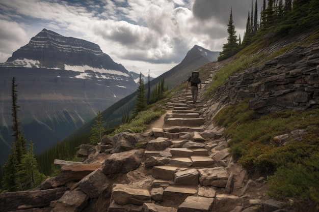 Persona escalando un sendero de montaña rocosa en un paisaje escénico creado con ai generativo