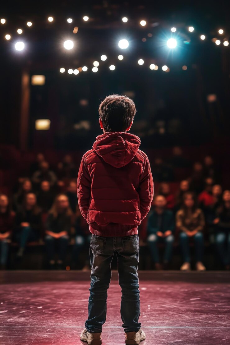 Foto persona en el escenario con chaqueta roja