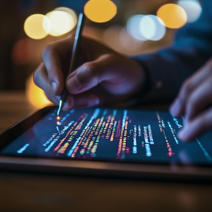 Foto una persona escribiendo código en una tableta digital o un dispositivo de pantalla táctil4