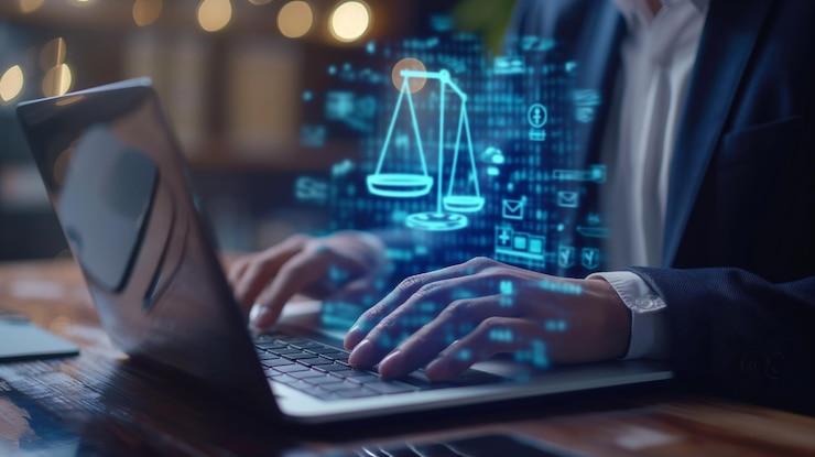 Persona escribiendo en una computadora portátil con escalas en la pantalla