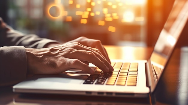 Una persona escribiendo en una computadora portátil con un fondo borroso