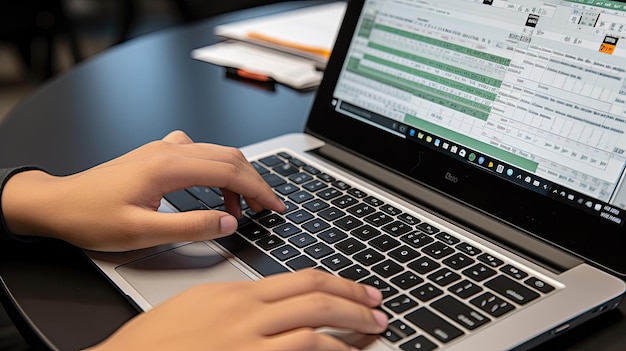 Foto una persona escribiendo en una computadora portátil generativo ai