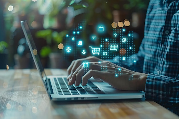 Persona escribiendo en la computadora portátil con iconos que aparecen