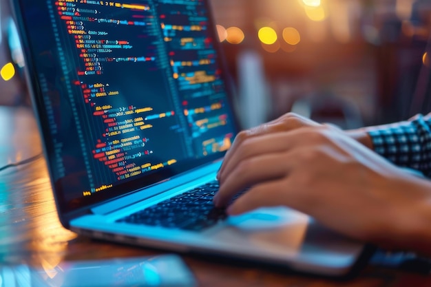 Foto una persona está escribiendo en una computadora portátil con una pantalla con mucho código