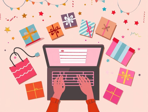 Una persona escribiendo en una computadora portátil rodeada de regalos y decoraciones de colores
